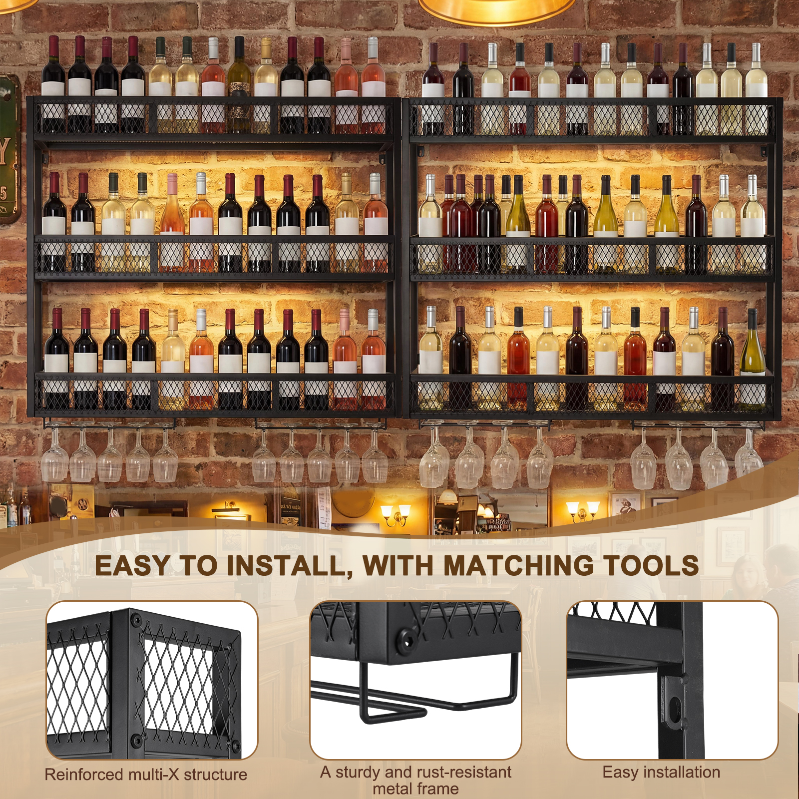 Home Bar Shelf - 39in 3-Tiers Wall Mounted Wine Rack