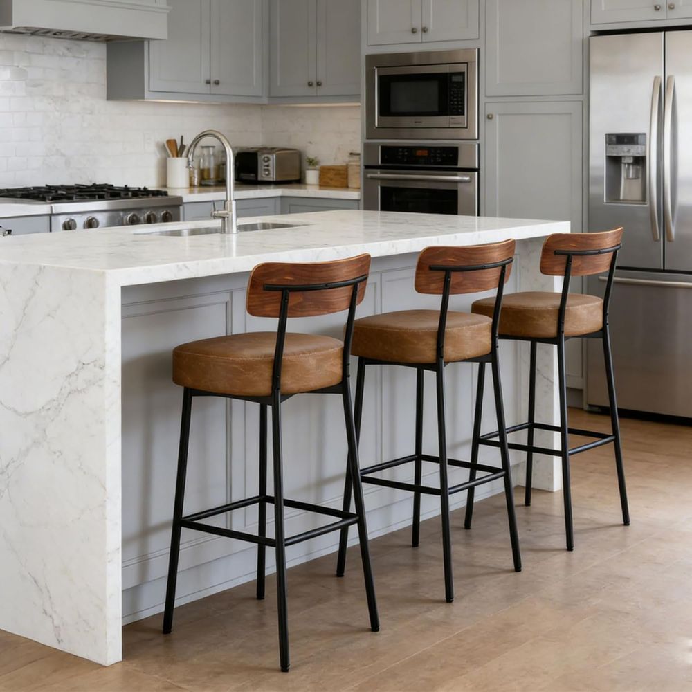 Brown Bar Stools Set o 3, Leat - Home Bar And Counter reseña y precio