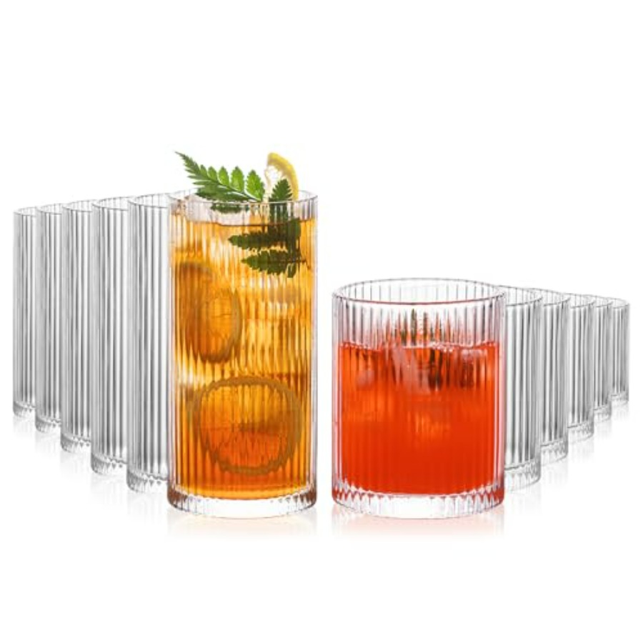 12Piece Ribbed Glassware Set w - Highball Glass Set reseña y precio