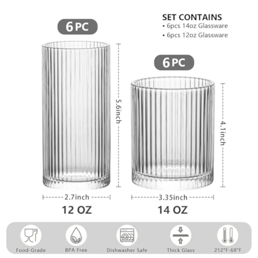 12Piece Ribbed Glassware Set w - Highball Glass Set reseña y precio