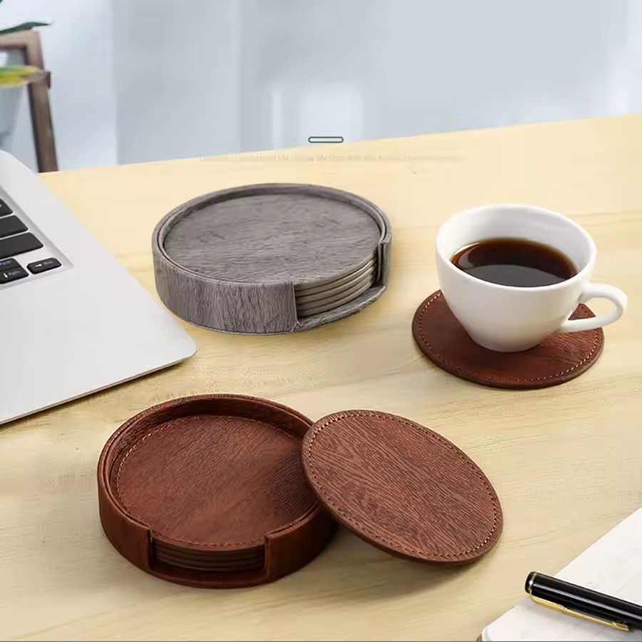 6 Wood Grain Leather Coasters  - Home Bar And Counter reseña y precio