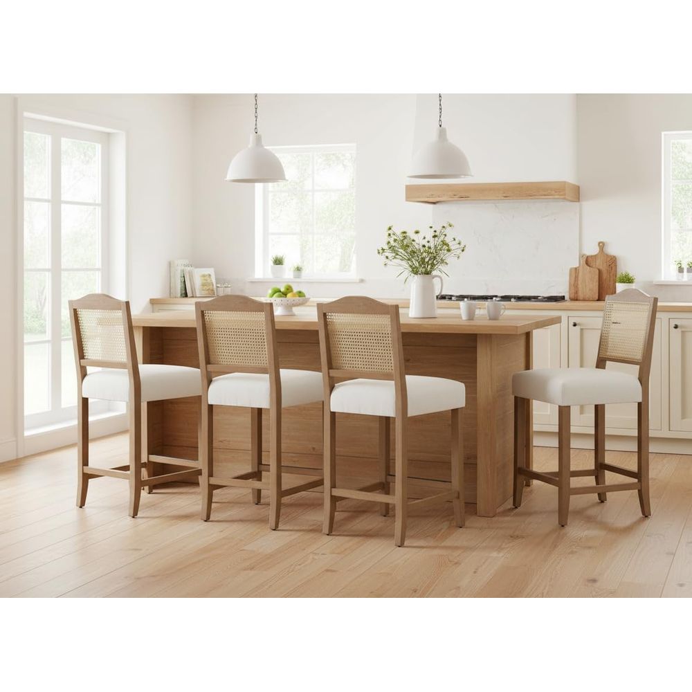 Set of 4 Linen Beige Cane Back - Home Bar And Counter reseña y precio