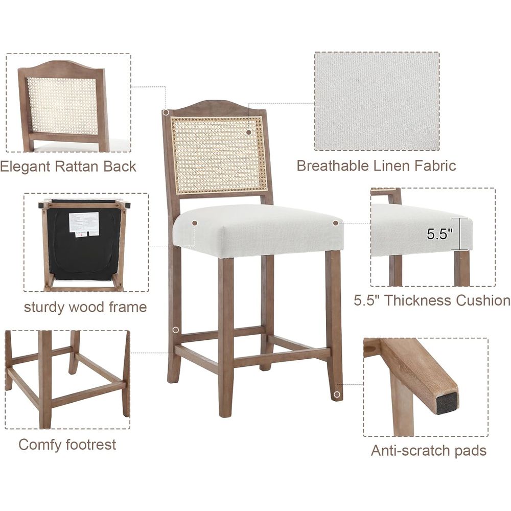Set of 4 Linen Beige Cane Back - Home Bar And Counter reseña y precio