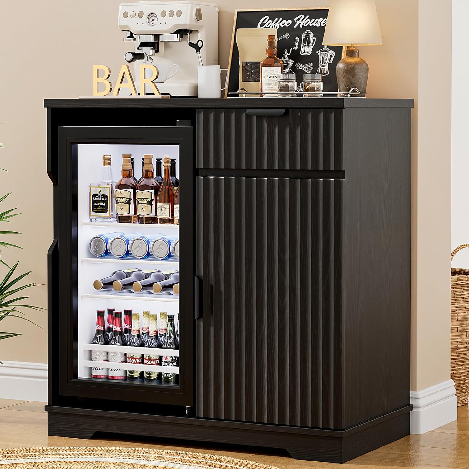 Fluted Coffee Bar Cabinet with - Home Bar And Fridge reseña y precio