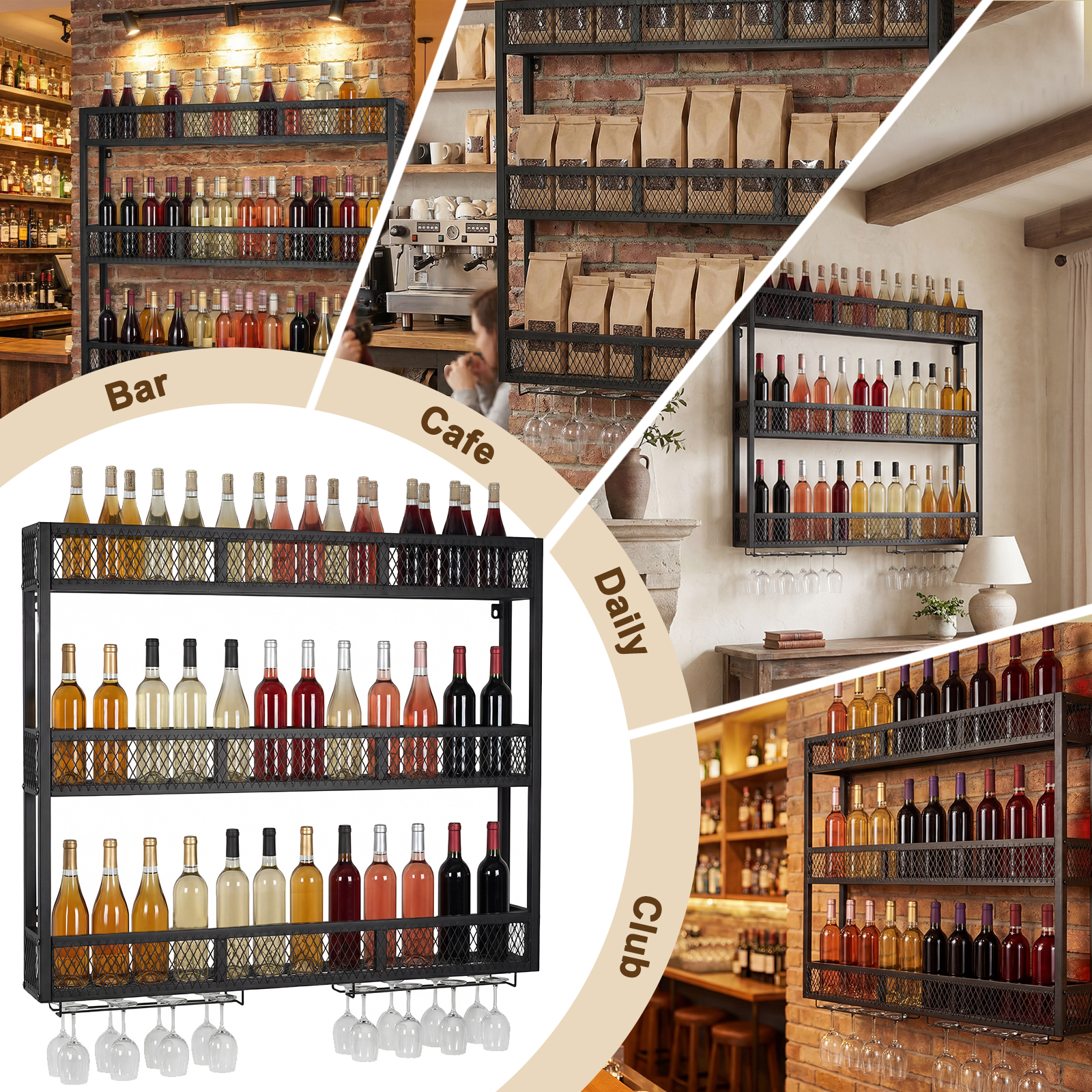 39in 3-Tiers Wall Mounted Wine - Home Bar Shelf reseña y precio